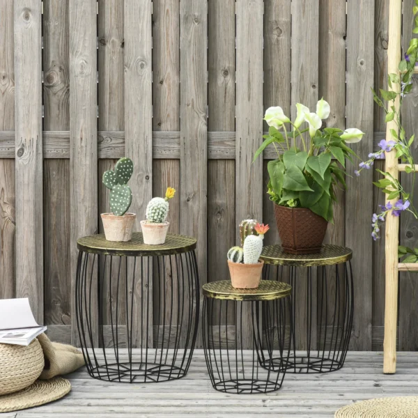 Bijzettafels 3 delige set retro stijl metalen mand natuur+zwart 3 maten 2