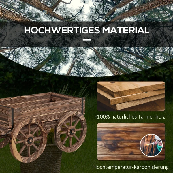 Bloembak in houten wagen ontwerp, plantenwagen met handvat, tot 30 kg belastbaar, ideaal voor tuin & terras, verkoolde 7