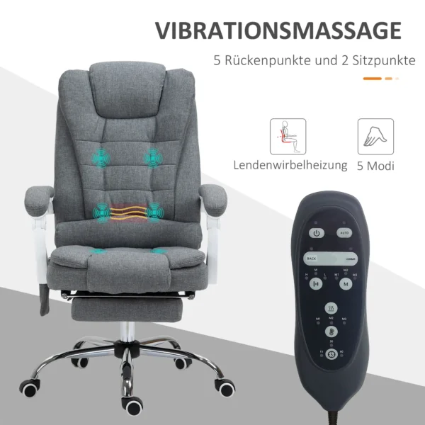 Bureaustoel met massagefunctie, in hoogte verstelbaar, ergonomische bureaustoel met ligfunctie, verwarmingsfunctie, voetensteun 5