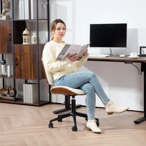 Bureaustoel verstelbare bureaustoel op wielen, diamantstiksels, draaistoel met kantelfunctie, kunstleer, wit 2