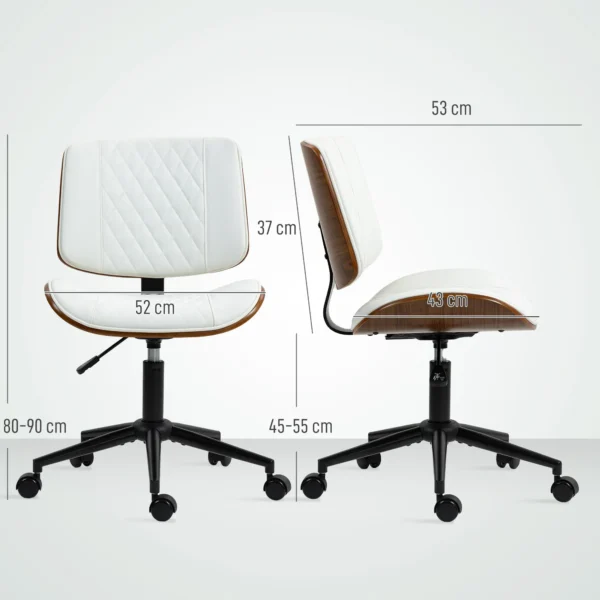 Bureaustoel verstelbare bureaustoel op wielen, diamantstiksels, draaistoel met kantelfunctie, kunstleer, wit 4