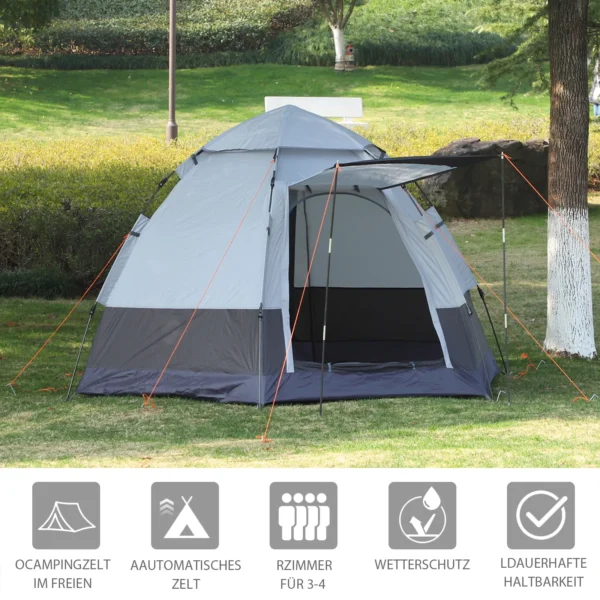 Campingtent 3 4 personen, gezinstent, koepeltent, 210t pu, staal, glasvezel, grijs+zwart, 240 x 240 x 195 cm 5