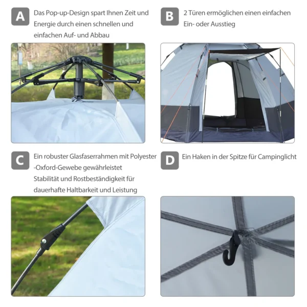 Campingtent 3 4 personen, gezinstent, koepeltent, 210t pu, staal, glasvezel, grijs+zwart, 240 x 240 x 195 cm 6