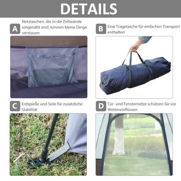Campingtent 3 4 personen, gezinstent, koepeltent, 210t pu, staal, glasvezel, grijs+zwart, 240 x 240 x 195 cm 7