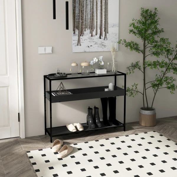 Console tafel met 2 planken, gang tafel met glazen plaat, schoenenrek, staal, zwart, 100x30x78 cm 2