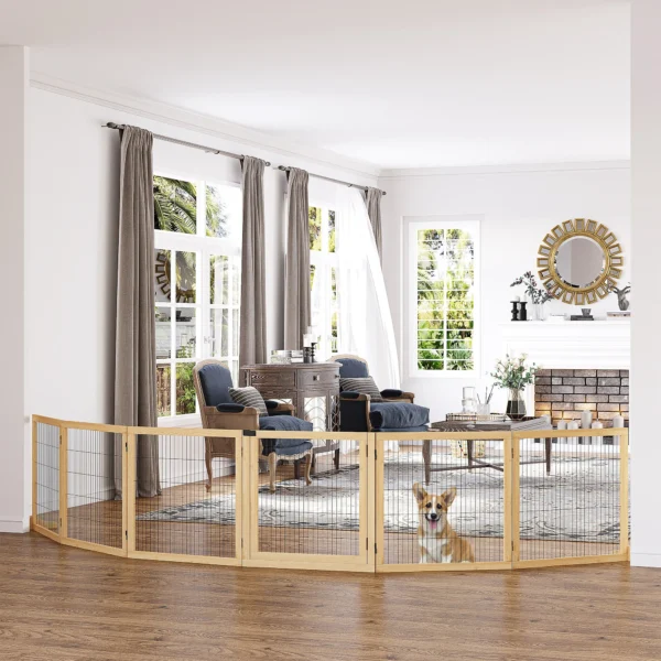 Deurbeveiligingshek afscheidingshek voor honden met voetsteun, tweerichtingsvouwen, dennenhout, metaal, natuur, 432x36x70cm 2
