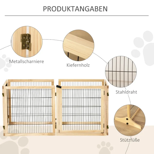 Deurbeveiligingshek afscheidingshek voor honden met voetsteun, tweerichtingsvouwen, dennenhout, metaal, natuur, 432x36x70cm 8