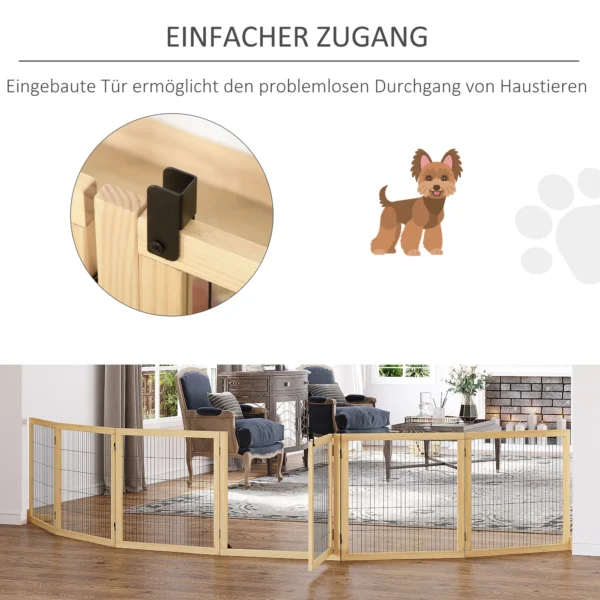 Deurbeveiligingshek afscheidingshek voor honden met voetsteun, tweerichtingsvouwen, dennenhout, metaal, natuur, 432x36x70cm 9