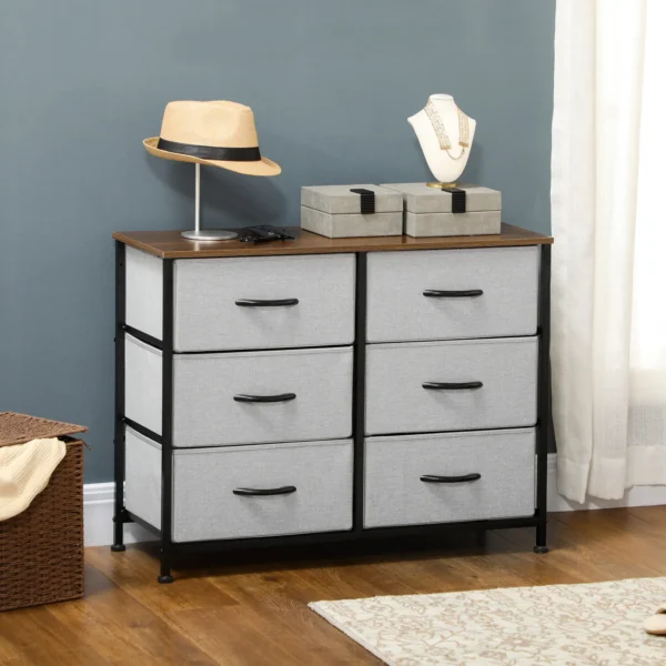 Dressoir met 6 inklapbare stoffen laden, multifunctionele kast met werkblad, grijs voor woonkamer & slaapkamer 2