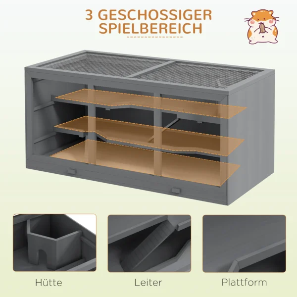 Dwerg hamsterkooi, knaagdierkooi, klein dierenhok van hout, muizenkooi met trappen, klein dierenkooi, knaagdier villa, drie verdiepingen, grijs, 115 x 57 x 55 cm 5