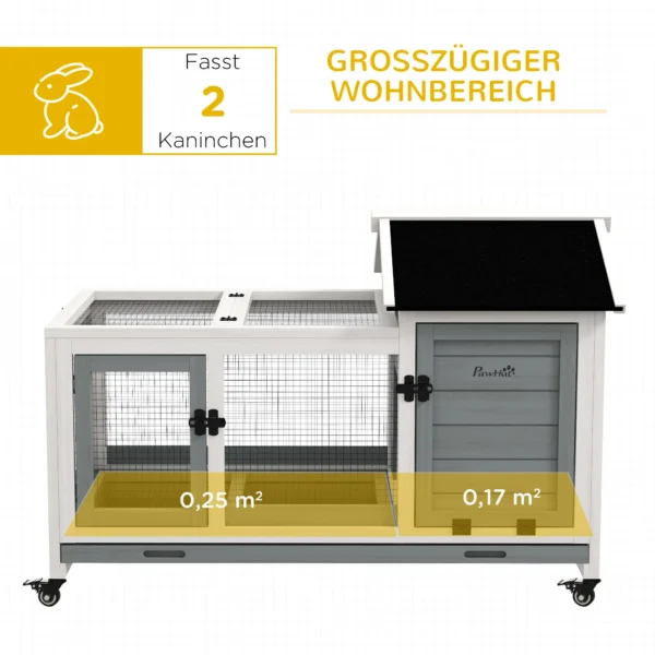 Dwergkonijnenhok van hout, 108 x 58 x 73,5 cm klein dierenhok met vrije uitloop, wielen, klapdak, dwergkonijnenkooi met uitschuifbaar dienblad voor binnen, buiten, grijs 5