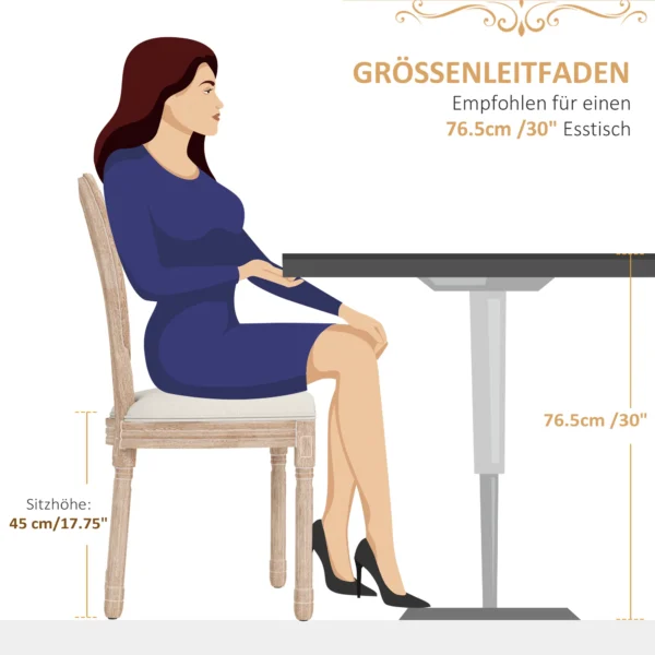 Eetkamerstoelen set van 2, keukenstoel met rugleuning, linnen & rietlook, houten poten, crèmewit 8