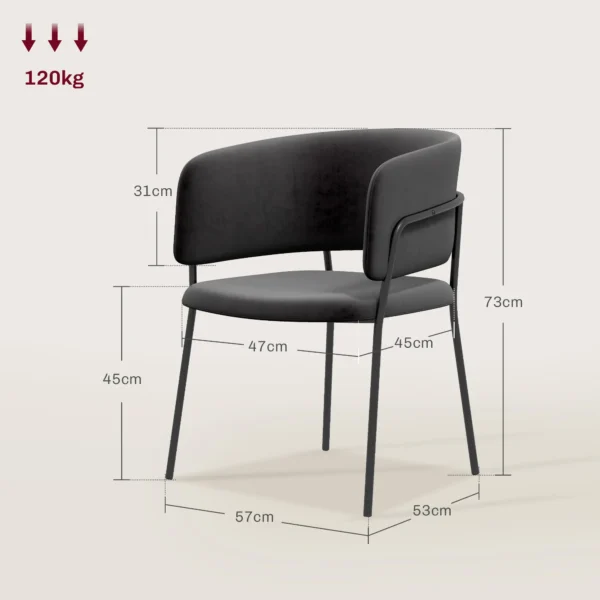 Eetkamerstoelen set van 2, keukenstoel met rugleuning, stalen poten, gestoffeerde stoel met fluweel look voor woonkamer, keuken, grijs 57 x 53 x 73 cm 4