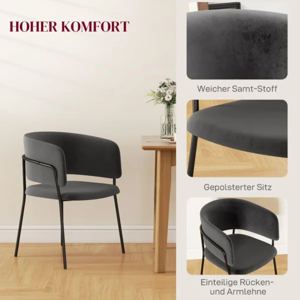 Eetkamerstoelen set van 2, keukenstoel met rugleuning, stalen poten, gestoffeerde stoel met fluweel look voor woonkamer, keuken, grijs 57 x 53 x 73 cm 6