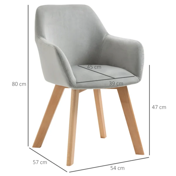 Eetkamerstoelen set van 2, keukenstoelen met arm & rugleuning, fluweelachtige bekleding, houten poten, grijs 4