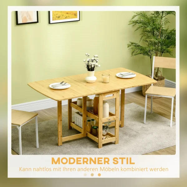 Eettafel, klaptafel, eetkamertafel, keukentafel met opbergvakken, verstelbare voeten, bamboe, natuurhout, 149,5 x 80 x 73,5 cm 5