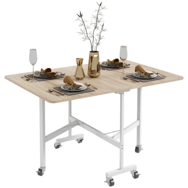 Eettafel voor 4 6 personen, inklapbaar met wielen, stalen frame, belastbaar tot 50 kg, eiken keukentafel voor keuken en eetkamer 1