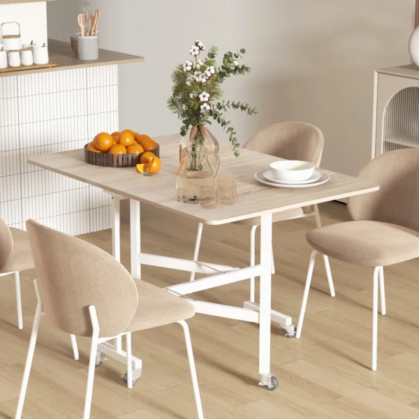 Eettafel voor 4 6 personen, inklapbaar met wielen, stalen frame, belastbaar tot 50 kg, eiken keukentafel voor keuken en eetkamer 2