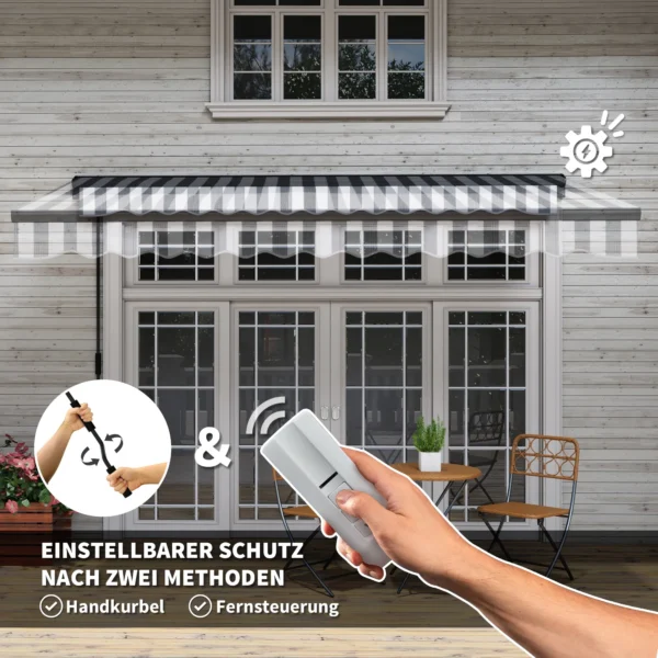 Elektrische knikarm zonnescherm balkon zonnescherm 395 x 250 cm zonwering met uv bescherming, handzwengel, verstelbare cassette zonnescherm met afstandsbediening, grijs+wit 5