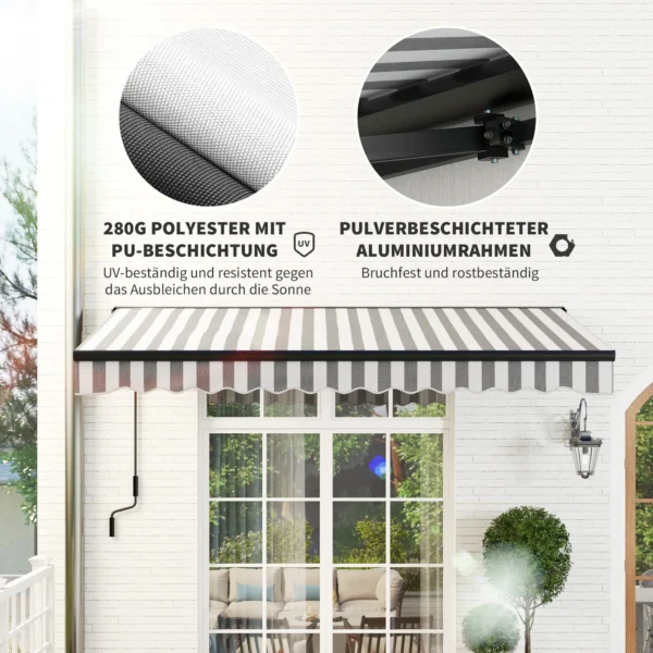 Elektrische knikarm zonnescherm balkon zonnescherm 395 x 250 cm zonwering met uv bescherming, handzwengel, verstelbare cassette zonnescherm met afstandsbediening, grijs+wit 7