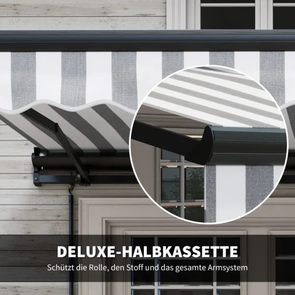 Elektrische knikarm zonnescherm balkon zonnescherm 395 x 250 cm zonwering met uv bescherming, handzwengel, verstelbare cassette zonnescherm met afstandsbediening, grijs+wit 8