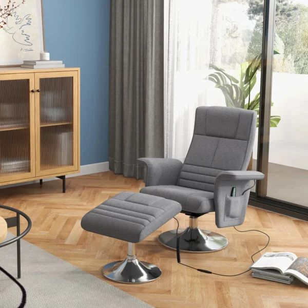 Elektrische relaxstoel met voetenbank, ligfunctie, vibratiemassage, afstandsbediening, linnenlook donkergrijs 2