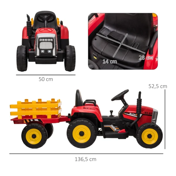 Elektrische tractor voor kinderen elektrische auto met aanhanger, afstandsbediening, mp3, koplampen, 3 6 km/u, rood 4