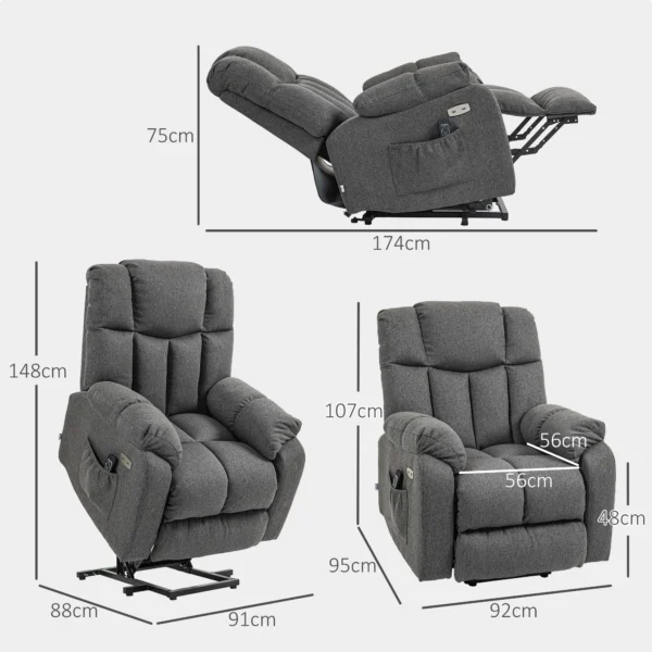 Elektrische tv fauteuil met opsta hulp, relaxfauteuil met ligfunctie, usb aansluiting, tv fauteuil met zakveerkern, zijtas en afstandsbediening, donkergrijs 4