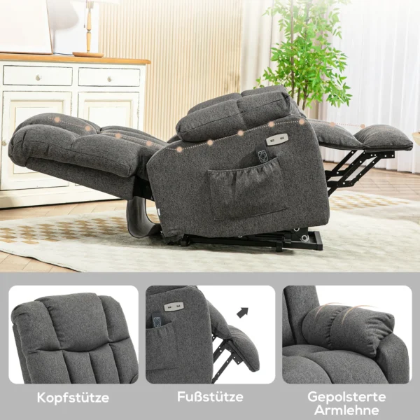 Elektrische tv fauteuil met opsta hulp, relaxfauteuil met ligfunctie, usb aansluiting, tv fauteuil met zakveerkern, zijtas en afstandsbediening, donkergrijs 8