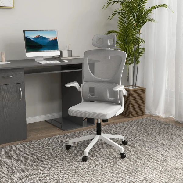 Ergonomische bureaustoel, in hoogte verstelbaar, met armleuningen, hoofdkussen, kantelfunctie en lendensteun, mesh grijs voor optimaal comfort 2