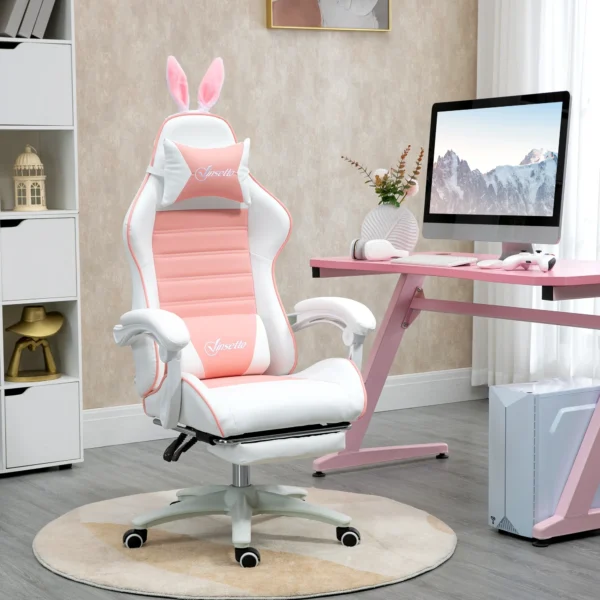 Gaming stoel ergonomische gamer stoel met lendensteun, voetensteun, gaming fauteuil met konijnenoren, hoofdkussen, verstelbare hoogte bureaustoel met verstelbare ligfunctie roze 2