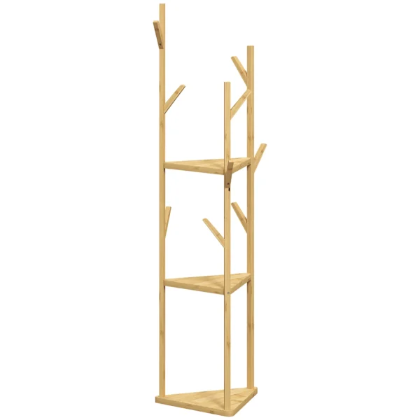 Garderoberek, kledingrek met 8 haken, 3 niveaus, jassenrek voor hoeden, kleding, entree, gang, 45 x 45 x 170 cm, bamboe, natuur 1