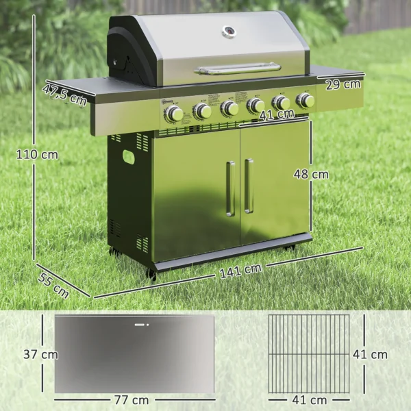 Gasgrill 8500btu grillwagen inkl 6 roestvrijstalen branders rol thermometer drukreductor gasslang deksel zijplanken, bbq tuin grill voor balkon, camping grill 141 x 55 x 110 cm 4