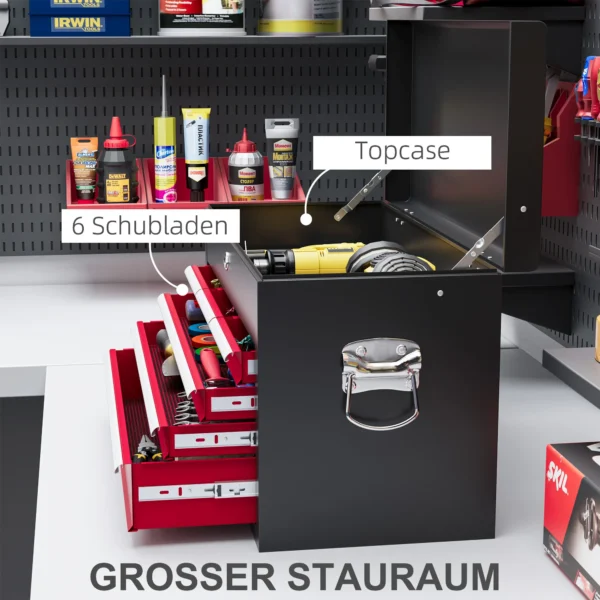 Gereedschapskist gereedschapskoffer 6 laden slot gereedschapsdoos handvat gereedschapskist staal rood+zwart 60x26x34cm 5