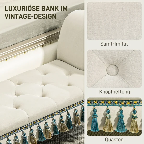 Gestoffeerde slaapkamerbank met armleuning, vintage ontwerp in fluweel look, houten poten, draagvermogen 150 kg, 117x40x58 cm, beige 6