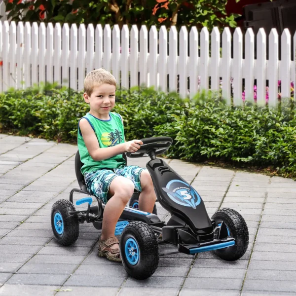 Gokart kinderwagen blauw zwart met verstelbare zitplaats, rubberen banden, pedaal, handrem vanaf 5 jaar voor buitenplezier 2