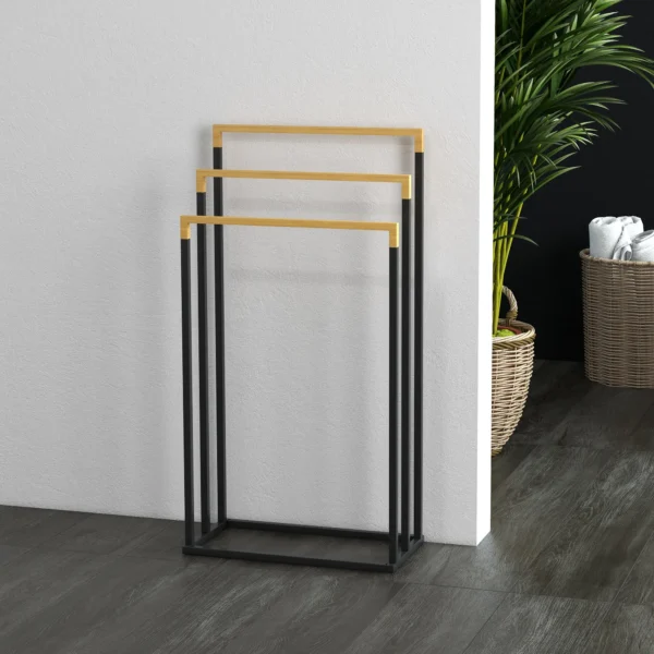 Handdoekenrek badhanddoekhouder met 3 stangen van staal en bamboe in zwart, ideaal voor badkamers 8
