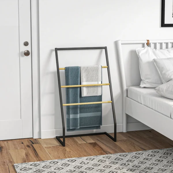 Handdoekenrek, vrijstaande handdoekhouder met 3 handdoekstangen, badhanddoekhouder voor badkamer, staal, zwart 10