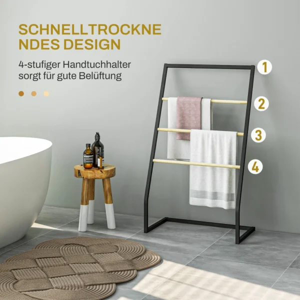 Handdoekenrek, vrijstaande handdoekhouder met 3 handdoekstangen, badhanddoekhouder voor badkamer, staal, zwart 6