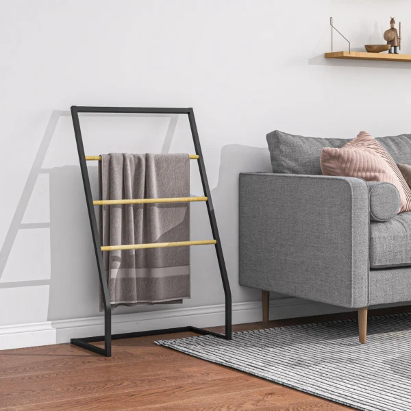 Handdoekenrek, vrijstaande handdoekhouder met 3 handdoekstangen, badhanddoekhouder voor badkamer, staal, zwart 7