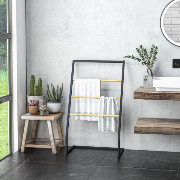 Handdoekenrek, vrijstaande handdoekhouder met 3 handdoekstangen, badhanddoekhouder voor badkamer, staal, zwart 9