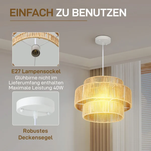 Hanglamp met e27 fitting, boho stijl, plafondlamp met lampenkap van hennep touw voor keuken, eetkamer, lichtbruin 6