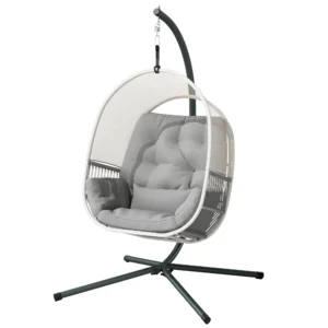 Hangstoel met frame, eivormige hangschommel met zacht, diep kussen, zitkussens, hangmat voor buiten schommelstoel outdoor, terras, tuin, lichtgrijs 1