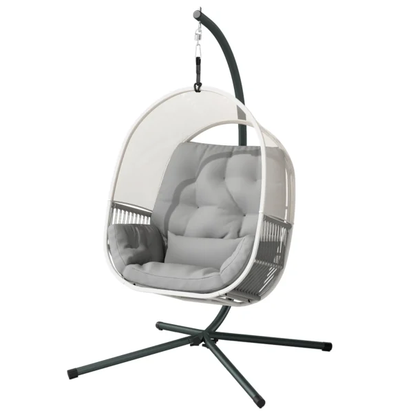 Hangstoel met frame, eivormige hangschommel met zacht, diep kussen, zitkussens, hangmat voor buiten schommelstoel outdoor, terras, tuin, lichtgrijs 1