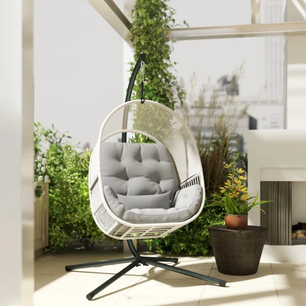 Hangstoel met frame, eivormige hangschommel met zacht, diep kussen, zitkussens, hangmat voor buiten schommelstoel outdoor, terras, tuin, lichtgrijs 10