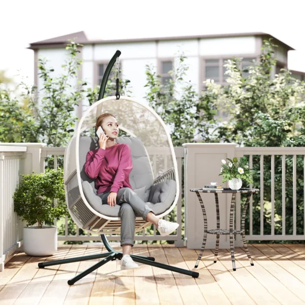 Hangstoel met frame, eivormige hangschommel met zacht, diep kussen, zitkussens, hangmat voor buiten schommelstoel outdoor, terras, tuin, lichtgrijs 2