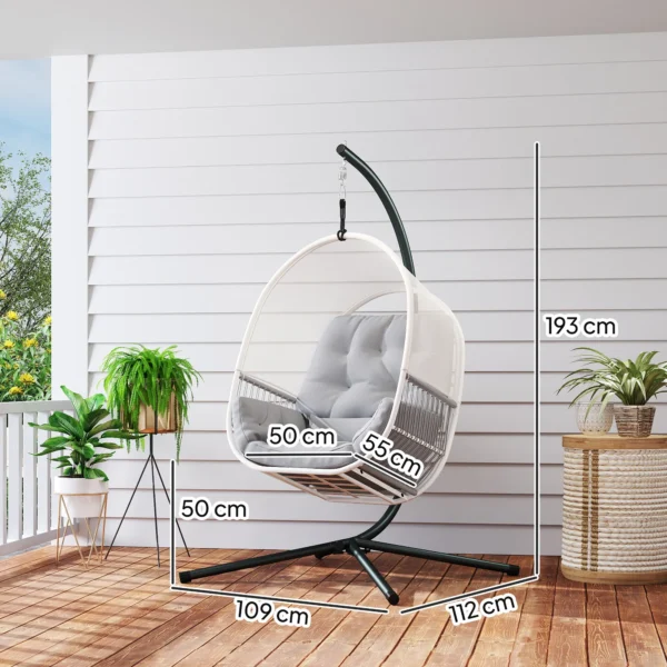 Hangstoel met frame, eivormige hangschommel met zacht, diep kussen, zitkussens, hangmat voor buiten schommelstoel outdoor, terras, tuin, lichtgrijs 4