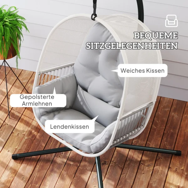 Hangstoel met frame, eivormige hangschommel met zacht, diep kussen, zitkussens, hangmat voor buiten schommelstoel outdoor, terras, tuin, lichtgrijs 6