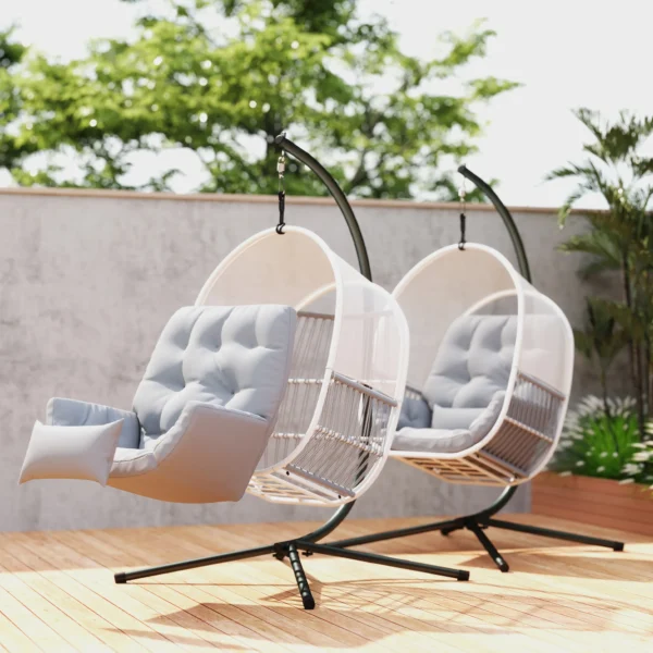 Hangstoel met frame, eivormige hangschommel met zacht, diep kussen, zitkussens, hangmat voor buiten schommelstoel outdoor, terras, tuin, lichtgrijs 9