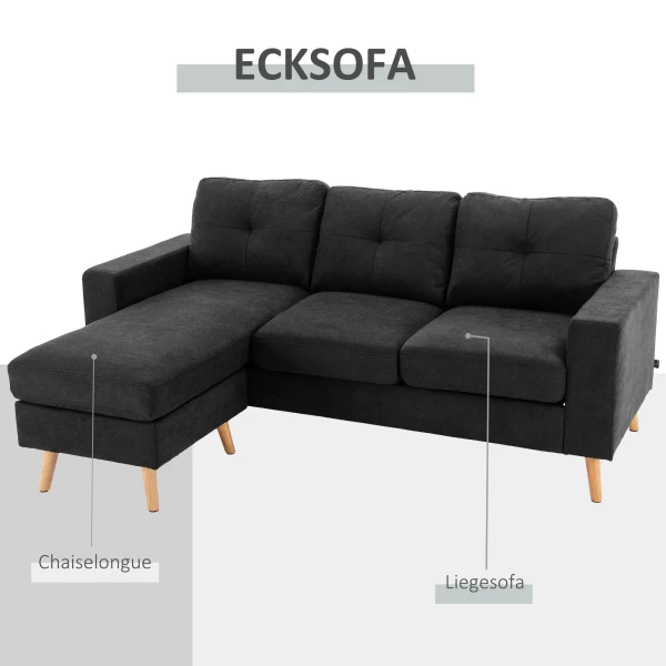 Hoekbank in l vorm zwarte hoekbank met chaise longue, linnenlook, voor woonkamer, 3 personen 7